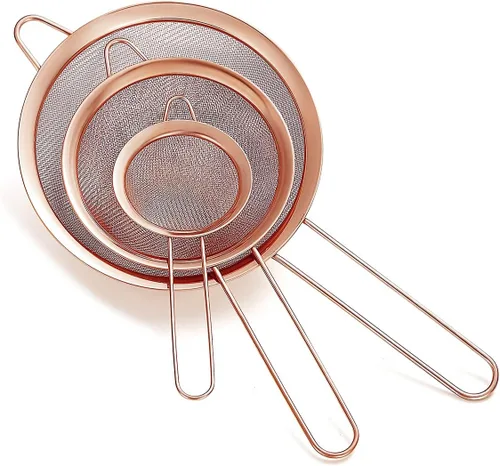Juego de 3 piezas de colador de malla fina de cobre, tamiz de harina de oro rosa para hornear, Clandro de acero inoxidable, Colador de té Matcha de