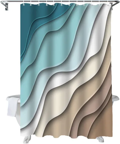 BestLives Cortinas de ducha verde azulado azul moderno geométrico cortina de baño marrón abstracto ola océano impermeable tela de poliéster cortina