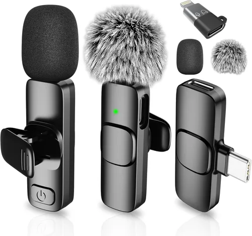 Micrófono Lavalier inalámbrico para iPhone, Android, iPad, tabletas, mini micrófono Bluetooth con cancelación de ruido, transmisión de 65 pies,