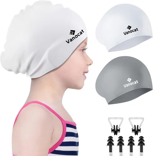 Miniatura 8 de 2 Pack Kids Swim Caps for Long/Short Hair, Unisex Silicone Swimming Cap for Age 3-15 Children Toddler Youth Teen, Waterproof Shower Cap Bathing Hats