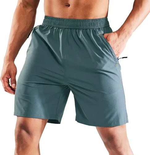 Miniatura 16 de MIER - Pantalones cortos de correr para hombre, de secado rápido, con bolsillo con cremallera, cintura elástica, pantalones cortos atléticos