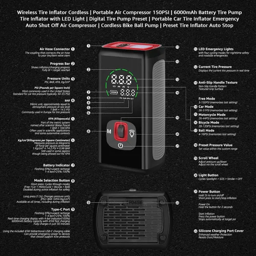 Miniatura 5 de Inflador de neumáticos inalámbrico, compresor de aire portátil, 150 PSI, 6000 mAh alimentado por batería, bomba digital inalámbrica con luz LED