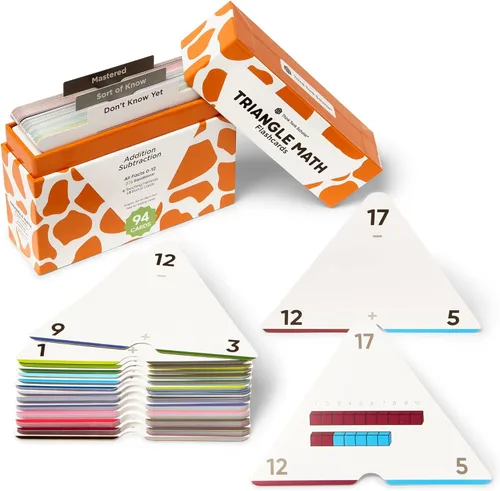 Think Tank Scholar Juego de tarjetas flash triangulares de suma y resta (376 ecuaciones matemáticas), todos los hechos 0-12 - codificados por