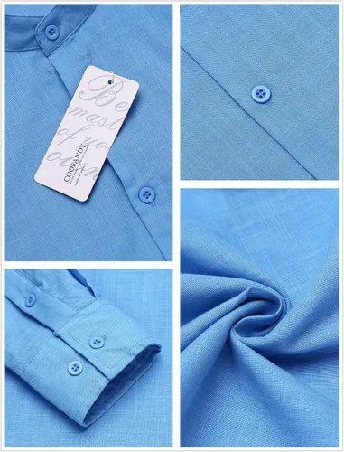 Miniatura 5 de COOFANDY Camisa casual de lino para hombre, con cuello de banda, manga larga, con botones