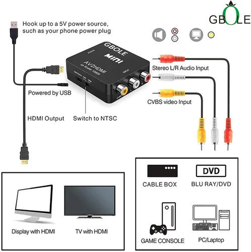Miniatura 2 de RCA a HDMI AV a HDMI Convertidor 1080P Mini RCA compuesto CVBS AV a HDMI Video Audio Adaptador de Audio Compatible PAL NTSC con cable de carga USB