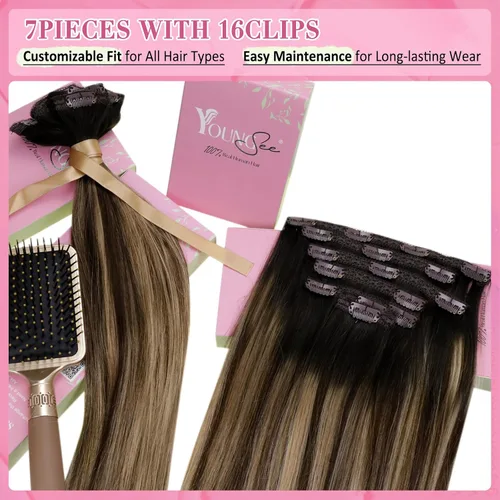 Miniatura 4 de YoungSee Extensiones de cabello humano real con clip, de 20 pulgadas, color negro a marrón con rubio, extensiones de cabello Remy lacio, añade