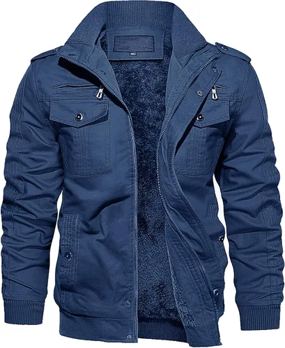 Miniatura 10 de Chaqueta de invierno con forro polar de Eklentson para hombre, con aislamiento térmico grueso, con múltiples bolsillos, con cremallera delantera