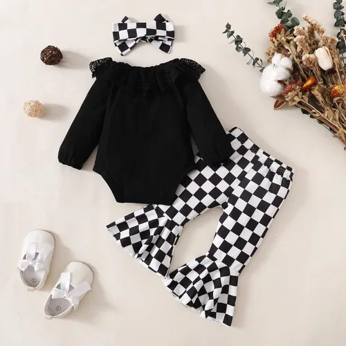 Miniatura 3 de Conjunto de ropa para bebé recién nacida para bebé malla de margarita retazos manga abombada pantalones acampanados diadema