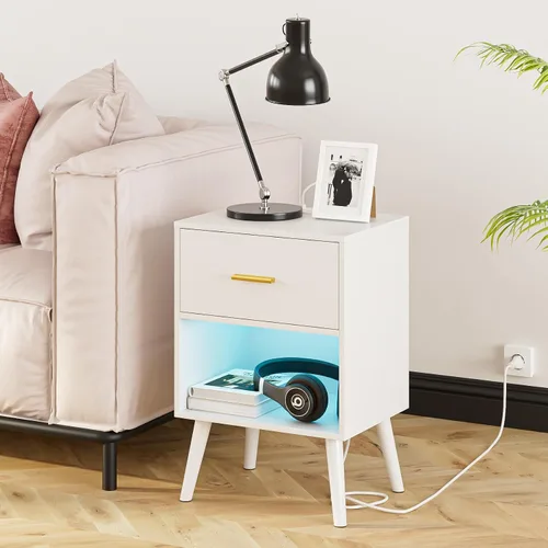 Miniatura 12 de Aienvey Mesita de noche con estación de carga y luces LED, mesa auxiliar pequeña, mesita de noche con cajón, mesita de noche moderna, mesa auxiliar