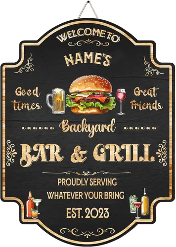 Miniatura 10 de Artsy Woodsy Letrero personalizado para bar y parrilla en el patio trasero (no tallado o neón), decoración de placa artística de pared, accesorios