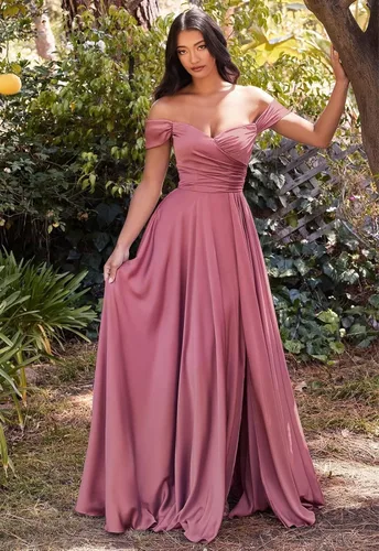 Miniatura 5 de PEIYJYUSP Vestidos de dama de honor de satén con hombros descubiertos para boda, largo, fruncido, acampanado, vestido de graduación formal