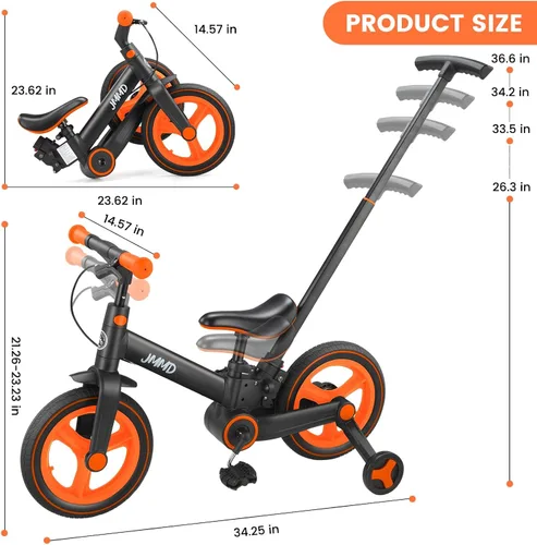 Miniatura 8 de JMMD Bicicleta 6 en 1 para niños de 18 a 60 meses, bicicleta de equilibrio plegable de 12 pulgadas con ruedas de entrenamiento, pedales, frenos