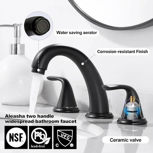 Miniatura 3 de Grifo de baño de amplio alcance, ALEASHA grifo de baño negro mate con desagüe emergente, grifos de lavabo de 3 agujeros para RV/lavabo de camping
