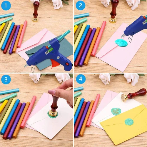 Miniatura 6 de Seal - 12 barras de cera para sellar cera con pistola de pegamento, palitos de cera para sellar cera, ideales para tarjetas, sobres, envoltura