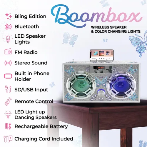 Miniatura 2 de Wireless Express - Altavoz portátil para fiestas: Boombox retro con Bluetooth, espectáculo de luces LED, radio FM mejorada, batería recargable