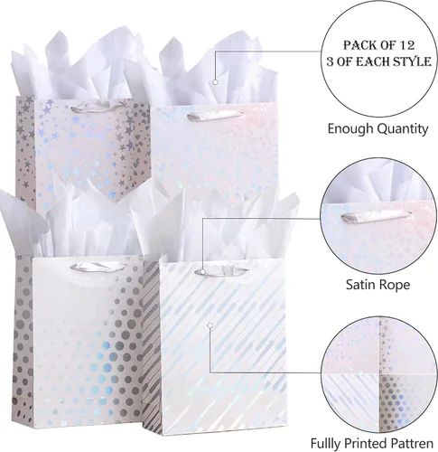 Miniatura 2 de SHIPKEY Paquete de 12 bolsas de regalo blancas, 10 x 4 x 13 pulgadas, bolsas de regalo blancas medianas surtidas, bolsas de regalo para regalos