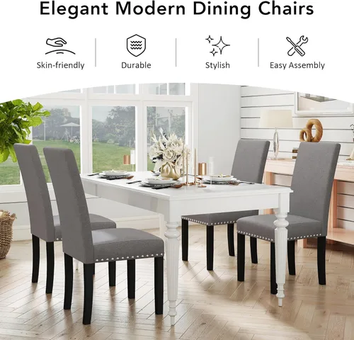 Miniatura 6 de LSSPAID Juego de 2 sillas de comedor tapizadas de tela con ribete de cabeza de clavo y patas de madera maciza para el hogar y la cocina, color gris