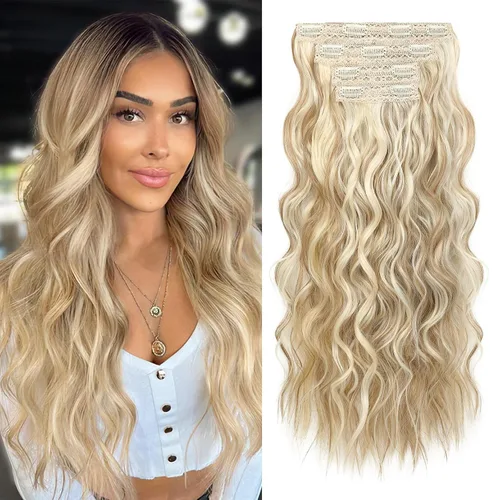 Miniatura 30 de REECHO Extensiones de cabello con pinza, 4 piezas de extensiones de cabello rubio de 24" de largo, ondas de playa gruesas, HE003, trama de encaje