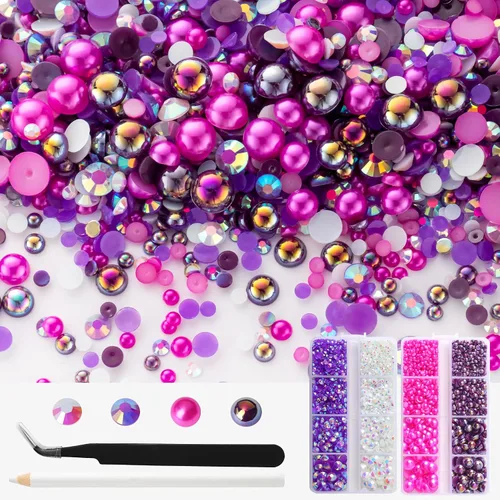 Miniatura 11 de Kit de perlas y diamantes de imitación con parte trasera plana de oro negro, 3929 unidades, diamantes de imitación de resina de tamaño mixto