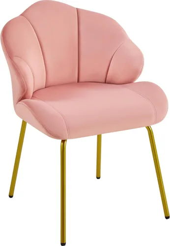 Miniatura 12 de Yaheetech Silla de tocador, silla decorativa de terciopelo con respaldo en forma de concha, sillón moderno con patas de metal dorado para Blanco