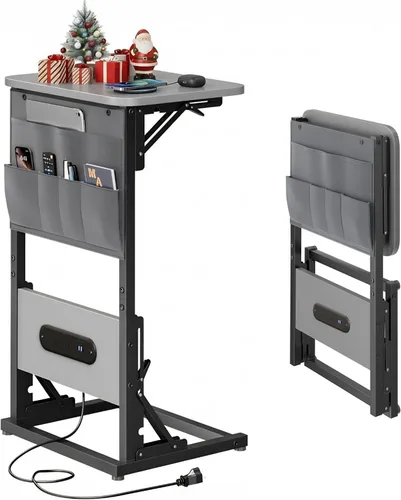 Miniatura 9 de HLDIRECT - Mesa auxiliar en forma de C con estación de carga, mesa lateral para sofá con bolsa de almacenamiento, bandeja para TV ajustable