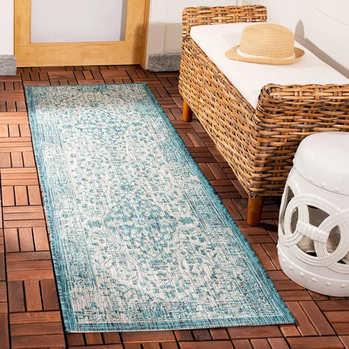 Miniatura 19 de SAFAVIEH Alfombra lavable para exteriores, colección Courtyard de 2.3 x 6.7 pies, color verde azulado y crema, no desprende pelusa y es fácil