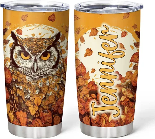 Miniatura 15 de Hyturtle Vaso Personalizado para Amantes de Búhos - Vaso de Café de Acero Inoxidable con Impresión de Búhos y Nombre Personalizado 590 ml con Tapa