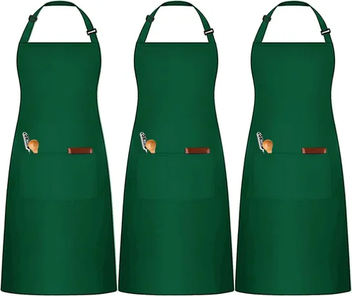 Miniatura 9 de Paquete de 3 delantales de chef negros y blancos, delantal de cocina ajustable con 3 bolsillos para hombres y mujeres, camarera (polialgodón)