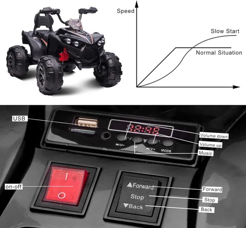 Miniatura 4 de OTTARO ATV de 2 plazas, 12 V, 4 ruedas, cuatrimoto eléctrico para niños de 3 a 8 años con asiento de 17 pulgadas de longitud, luces LED, 2 Negro