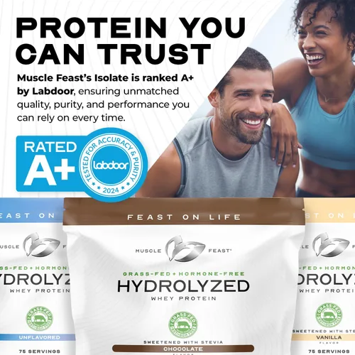 Miniatura 3 de Muscle Feast Proteína de suero hidrolizada alimentada con pasto, totalmente natural sin hormonas, chocolate, 5 libras