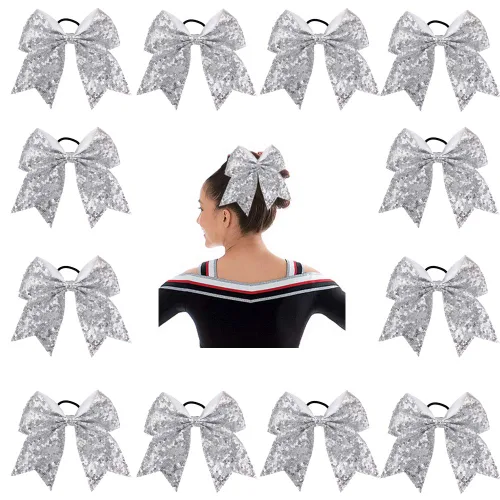 Miniatura 12 de Oaoleer 12 lazos grandes con purpurina para el pelo de 7 pulgadas, banda elástica hecha a mano para animadoras, adolescentes, niñas, deportes Negro