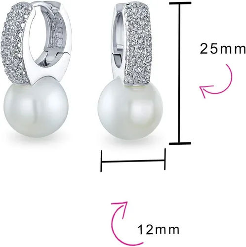 Miniatura 4 de Elegant Vintage Bridal Jewelry - Milgrain Crown Pave CZ Half Mini Hoop White Glass Ball Pearl Drops Earrings for Women with Omega Back, Exquisite