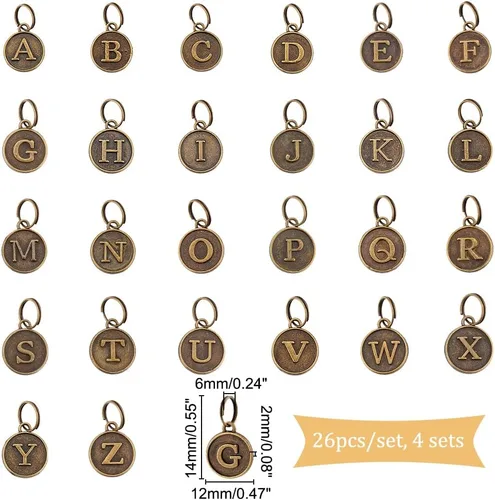 Miniatura 2 de PH PandaHall 104 unidades/4 juegos de colgantes del alfabeto de la A ~ Z, dijes de letras de metal de 0.472 pulgadas (0.472 in), colgantes de letra