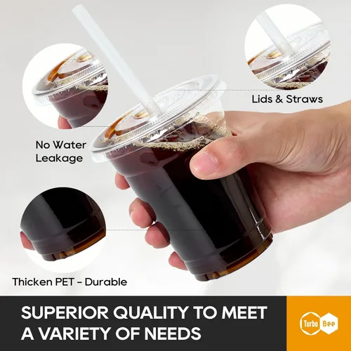 Miniatura 3 de Turbo Bee 200 juegos de vasos de plástico transparente de 12 onzas con tapas y pajitas, tazas de café helado desechables para llevar con tapas