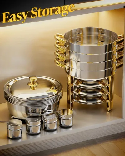 Miniatura 7 de Frizoky Platos de Roce para Buffet de Acero Inoxidable 2Pack, Juego de 6QT de Chafers Redondos en Oro y Plata y Calentadores de Buffet con Soporte