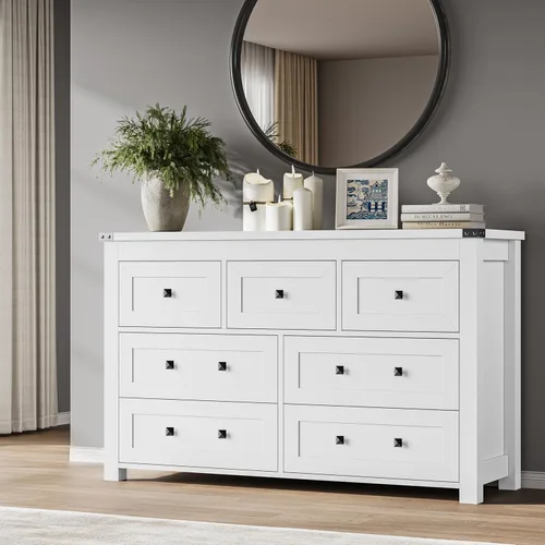 Miniatura 24 de BORNOON Cómoda de 9 cajones, moderna cómoda de almacenamiento de madera, soporte de TV, organizador de cajones de madera con asas de metal