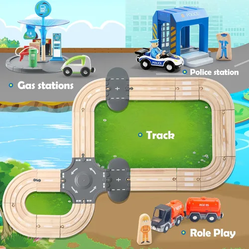 Miniatura 4 de Juego de 59 piezas de tren de madera para niños pequeños, tren de juguete con pista para niños de 3 a 6 años, set de juego de lujo de doble pista