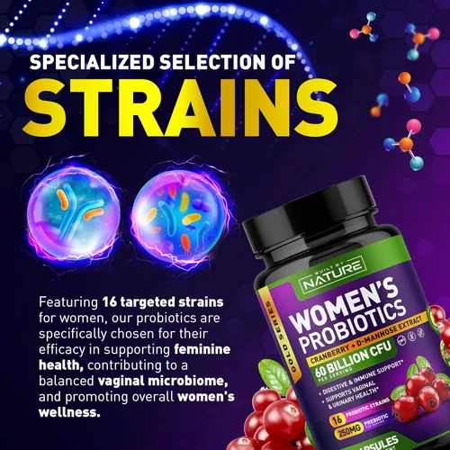 Miniatura 4 de Probióticos para mujeres – 60 mil millones de UFC, 16 cepas, con arándano, D-manosa y prebióticos – Apoya la salud digestiva, inmune y vaginal – Sin