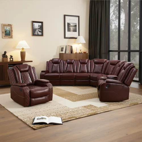 Miniatura 15 de Juego de sofá reclinable eléctrico, sofás reclinables de cuero negro, 3 piezas de sofá reclinable de cuero de aire y silla de dos plazas con luces