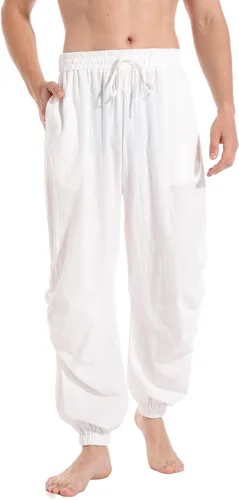 Miniatura 2 de perdontoo Pantalones casuales de lino de algodón para hombre, cintura elástica, con cordón para yoga