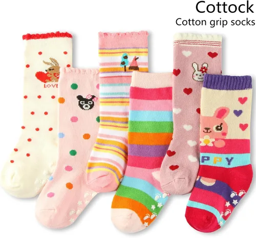 Miniatura 2 de 6 pares de calcetines de agarre alto hasta la rodilla para niña, calcetines escolares antideslizantes para niños y niñas