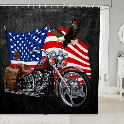 Cortinas de ducha con bandera estadounidense, cortinas de baño de motocicleta para niños, adolescentes y adultos, cortinas de baño impermeables con
