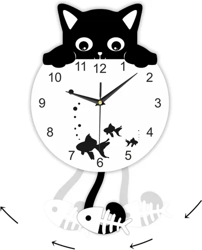 Miniatura 10 de Reloj de pared con péndulo de gato negro con cola oscilante, divertido reloj de gato con cola móvil, fácil de montar, gatitos y peces de lujo, reloj