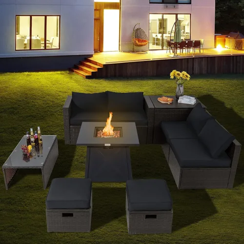 Miniatura 2 de Tangkula Juego de muebles de patio de 9 piezas con mesa para fogata de propano de 30 pulgadas, juego de sofá modular de mimbre de polietileno