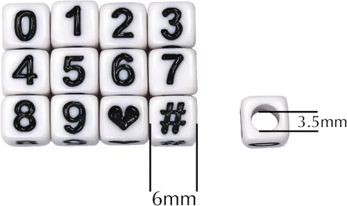 Miniatura 2 de Melius - 500 piezas de cuentas acrílicas con números para hacer joyas, collares DIY, llaveros, pulseras (6x6 mm cuadradas, blancas)