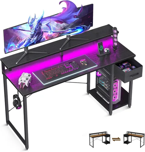 AODK Escritorio para juegos con luces LED, escritorio para computadora de 55 pulgadas con cajones, escritorio pequeño reversible con soporte para