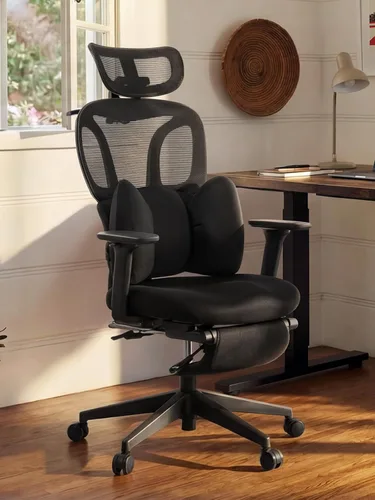 CabLady S1 Petite Silla ergonómica de escritorio para el hogar con reposapiés y reposacabezas, soporte lumbar fijo de respaldo alto con almohada