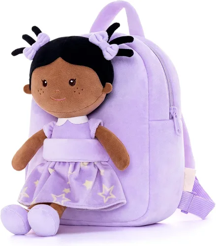 Onetoo Regalos de regreso a clases para niñas, mochila para niños pequeños con muñecas de bebé bronceadas suaves en vestido de estrella púrpura de