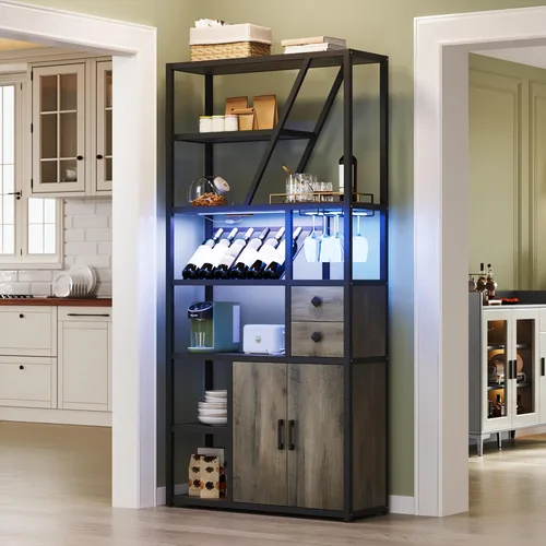 Miniatura 9 de GarveeHome Gabinete de bar de vinos con luces LED, estación alta de barra de café con tomas de corriente y estante de vino, soporte de microondas