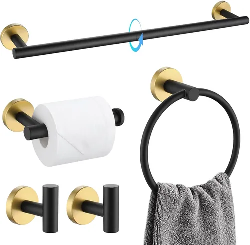 TQKAG Juego de accesorios de baño negro y dorado de 5 piezas, juego de toalleros redondos de acero inoxidable de 23.6 pulgadas para baño montado en